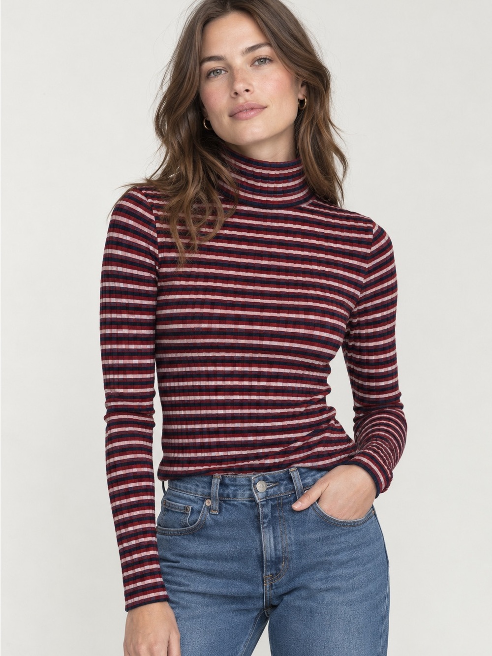 Madewell Sailor Stripe Ribbed Turtleneck Top Maroon, Navy, Pink Women’s Size XS